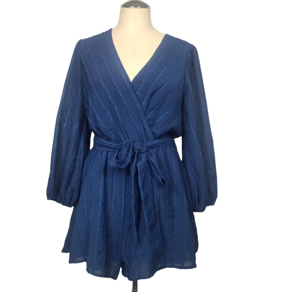 Do + Be V Neck Long Sleeves Blue Belted Romper M
